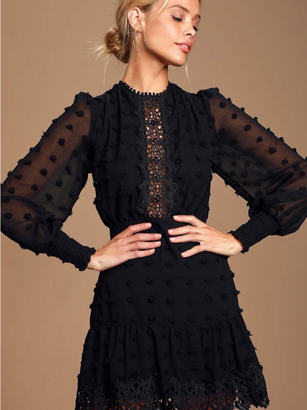 Lulu's Black Long-Sleeve Lace & Swiss Dot Mini Dress